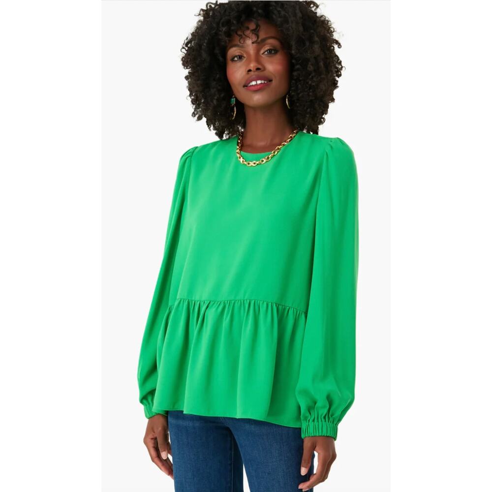 Pomander Place Bright Green Peplum Long Sleeve Blouse Xsmall